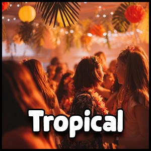 A group of people in tropical-themed attire gather at a decorated indoor party with hanging lanterns and palm leaves, celebrating under the lively spirit of a Tropical Dance Theme.