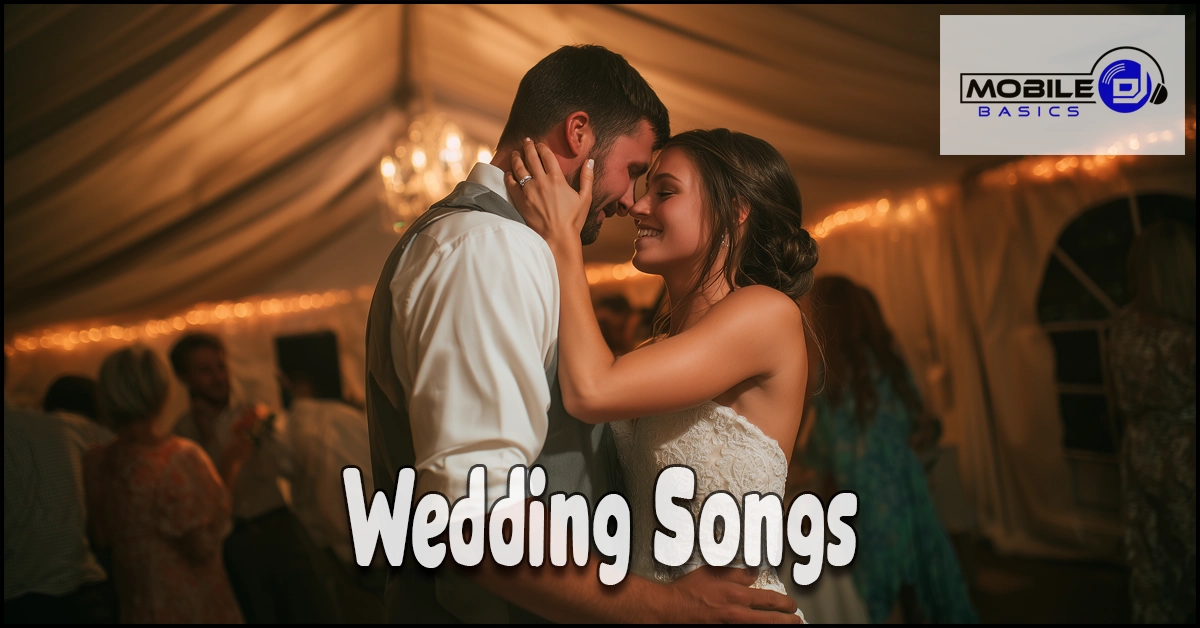 A bride and groom dance closely at their wedding reception under string lights, surrounded by guests. The words “Wedding Songs” appear elegantly across the image, capturing the magic and romance of their special moment.