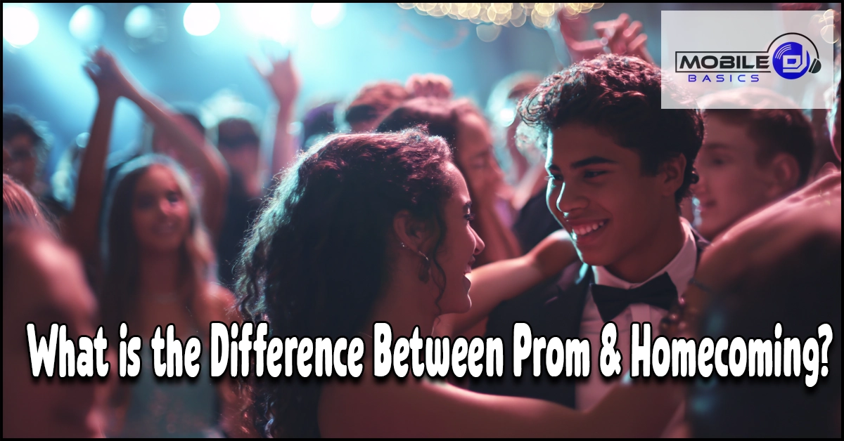 Teens dance at a formal event, with the text “Prom vs Homecoming: What is the Difference Between Prom & Homecoming?” overlaid, and a Mobile Basics logo in the corner—a lively scene highlighting the excitement of high school dances.