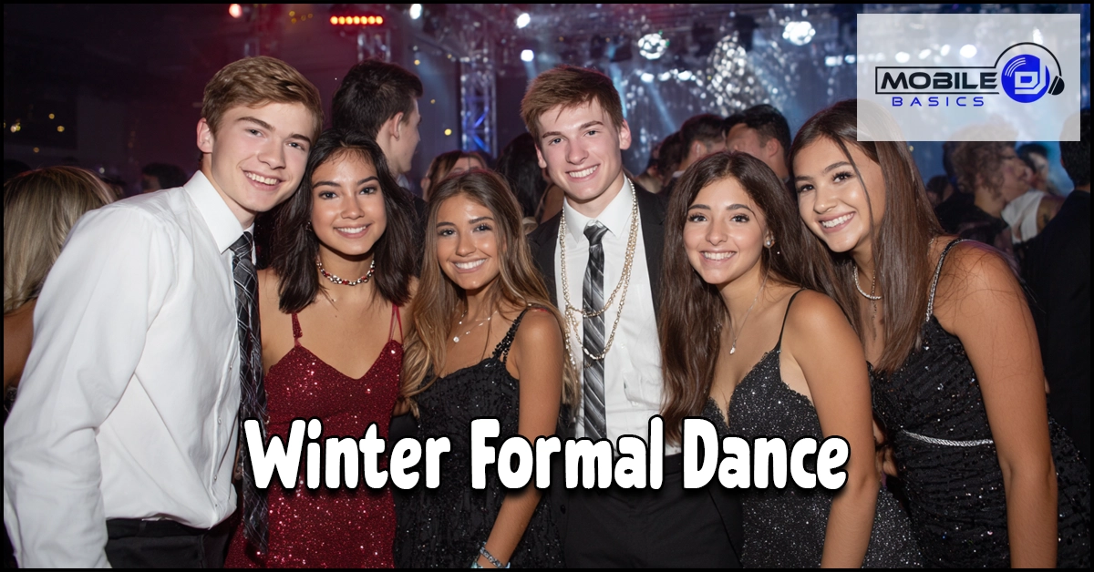 A group of teenagers dressed in formal attire pose together at a winter formal dance event, beautifully showcasing the results of thoughtful winter formal planning, with party lights twinkling in the background.