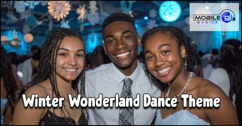 Three teenagers in formal attire smile at a winter-themed dance, surrounded by blue lighting and intricate snowflake decorations, perfectly capturing the magic of a Winter Wonderland Dance Theme. Text on image reads: “Winter Wonderland Dance Theme.”.