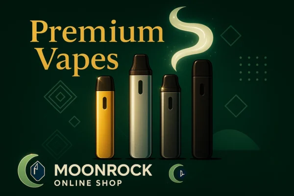 Premium disposable vapes in gold, silver and black with vapor swirls on dark green background
