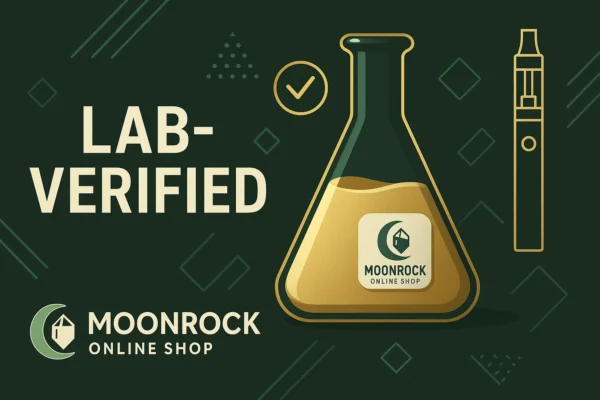 Lab testing certification for cannabis vapes with beaker and gold accents