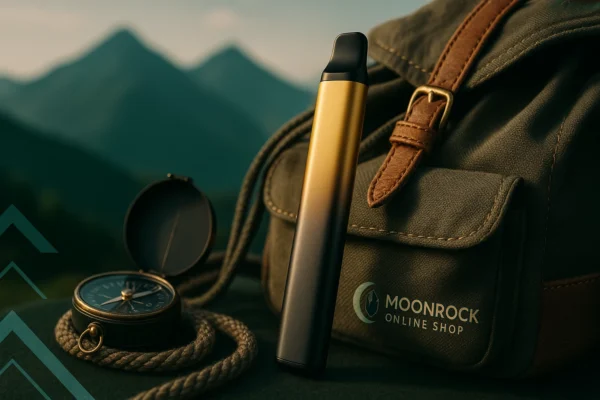 Disposable vape on hiking gear with mountain backdrop - adventure ready