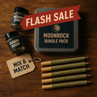 THC pre-roll bundle with labeled jars, flash sale ribbon, and Moonrock Bundle Pack tin