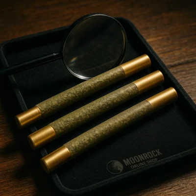 Luxury cannabis pre-rolls on black velvet tray with magnifying glass highlighting kief