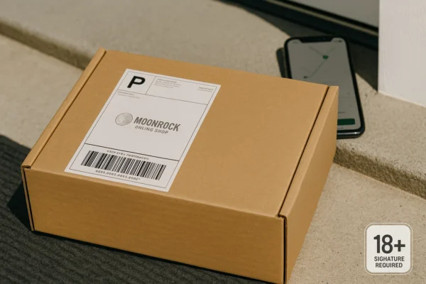 Discreet brown box with Moonrock label on doorstep next to tracking phone