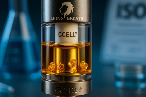 CCELL® ceramic core in Lion’s Breath THC Cartridge | Lab-verified oil with terpene diamonds