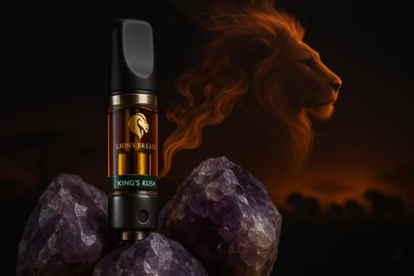 Lion’s Breath King’s Kush THC Cartridge with visible golden oil and ceramic coil | Buy Lion’s Breath Carts