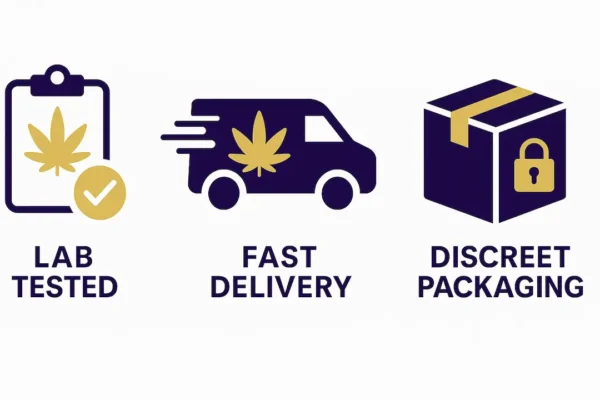 Lab tested cannabis, fast delivery, and discreet packaging icons – Moonrock Online Shop Los Angeles