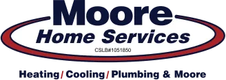 Moore Home Services logo displayed: Our company name in bold blue lettering inside a crisp white oval, with CSLB#1051860 featured beneath. Trust Moore Home Services for expert HVAC, plumbing, and drain solutions—delivered by licensed professionals who guarantee clean, reliable service every time.