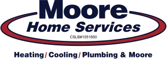 Moore New Homes logo featuring our trusted company name in dark blue lettering, accented by a bold red swoosh – representing our guaranteed clean, reliable HVAC, plumbing, and drain services you can count on.