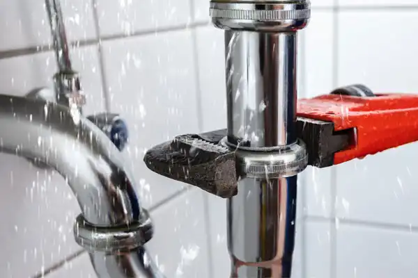 A skilled Moore Home Services technician uses a metal wrench to expertly tighten a connection on a bathroom sink drain, quickly stopping water from spraying due to a leak. Count on us for fast, reliable plumbing and drain solutions—delivered with guaranteed workmanship and respect for your clean, comfortable home.