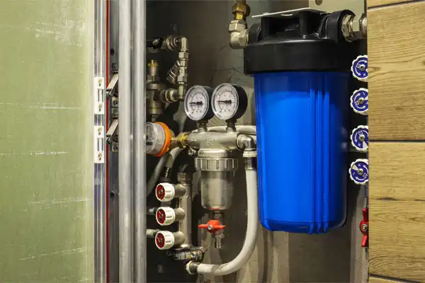 A professionally installed water filtration system, featuring precise gauges, reliable piping, and a high-capacity blue filter, neatly organized within a utility cabinet. Moore Home Services ensures every plumbing installation is done right the first time—cleanly and carefully—guaranteeing fresh water for your home with the trusted service you deserve.