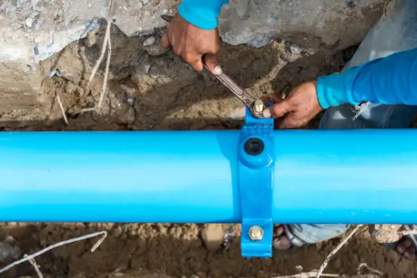 A Moore Home Services technician carefully uses a wrench to secure a metal clamp on a blue water pipe, ensuring reliable plumbing repairs. You can trust our team for expert service—we guarantee your satisfaction and leave every workspace clean and tidy, just like we found it!.
