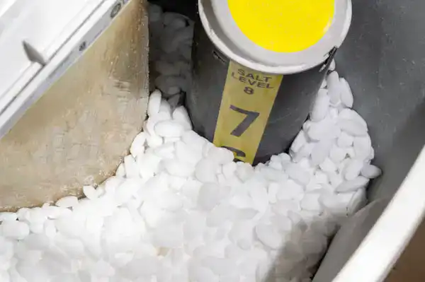 A clean, well-maintained water softener brine tank filled with fresh salt pellets. The yellow-capped "Salt Level 7" indicator ensures optimal system performance—just one of the many ways Moore Home Services keeps your home’s plumbing running smoothly. Count on us for expert service, clear communication, and guaranteed satisfaction every step of the way!.