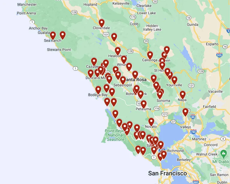 A detailed map of the San Francisco Bay Area and Northern California featuring red markers to show the many communities proudly served by Moore Home Services. Our trusted team is ready to provide you with expert HVAC, plumbing, and drain solutions—always backed by our satisfaction guarantees and commitment to spotlessly clean service in every home.