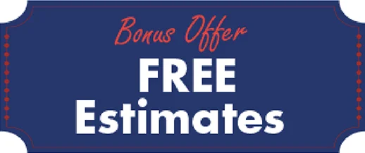 A blue sign with bold red and white text offers a Bonus: FREE Estimates for trusted HVAC, plumbing, or drain services—guaranteed clean!.