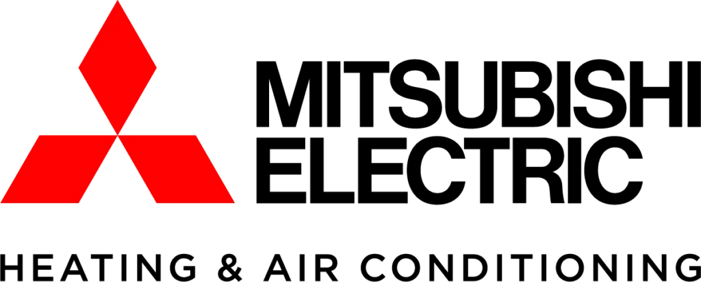 Mitsubishi Electric logo with signature red three-diamond icon and bold “Heating & Air Conditioning”—trusted for reliable HVAC care.