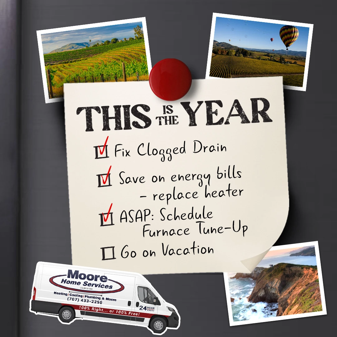 A home maintenance checklist with vacation tasks, scenic photos, and a Moore Home Services van—your trusted HVAC & plumbing experts.