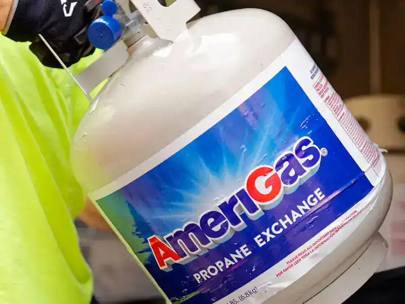 Propane exchange tank with AmeriGas label at New Era Christian School.