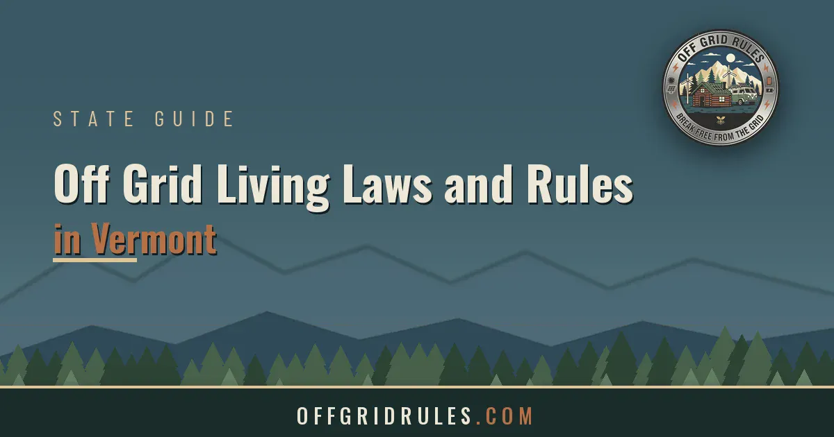 State guide graphic titled “Off Grid Living Laws and Rules in Vermont,” featuring an Off Grid Rules logo and website URL.