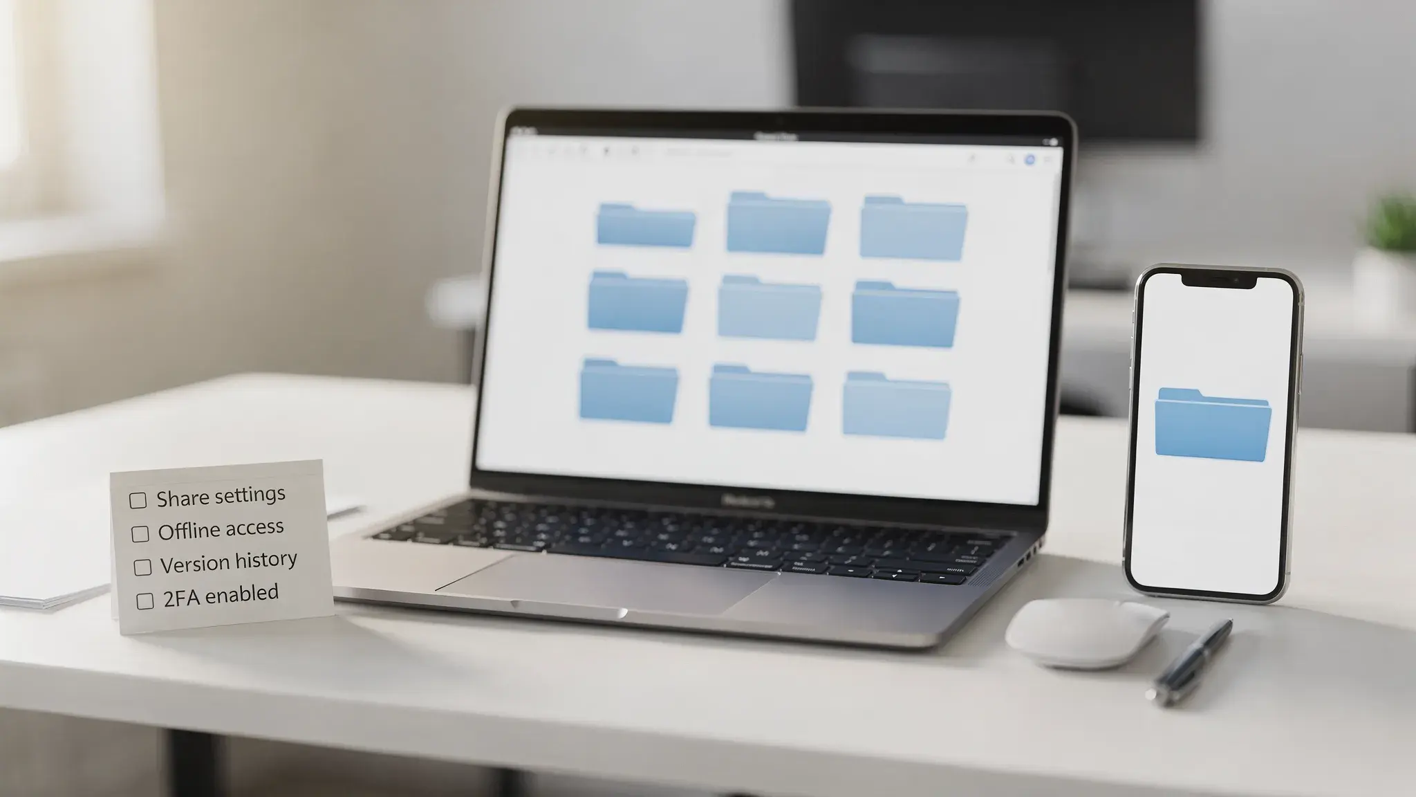 A workspace scene showing a laptop and phone with cloud folder icons, plus a small checklist labeled “Share settings,” “Offline access,” “Version history,” and “2FA enabled.” The screens face the viewer and show only generic icons, no brand UI.