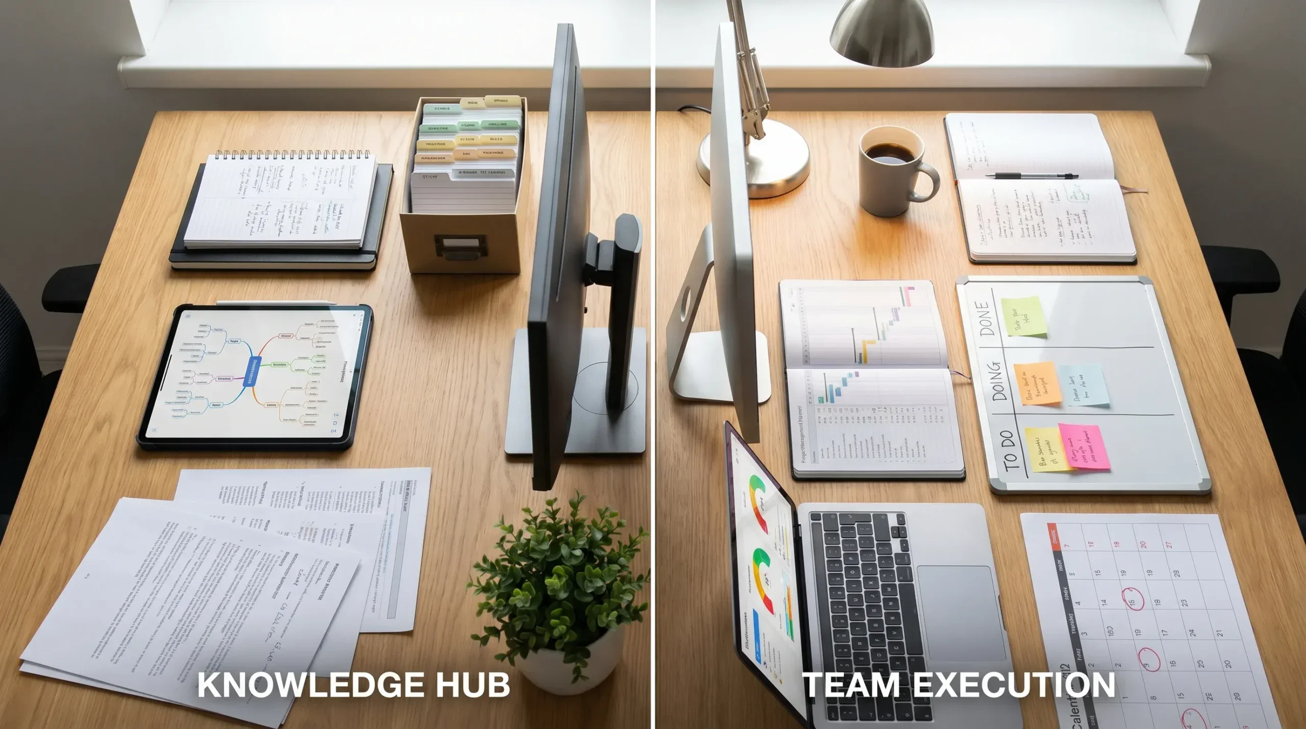 A clean workspace split into two sides, one side showing organized notes, documents, and database cards for a flexible knowledge hub, the other side showing project tasks, timelines, priorities, and progress charts for structured team execution.