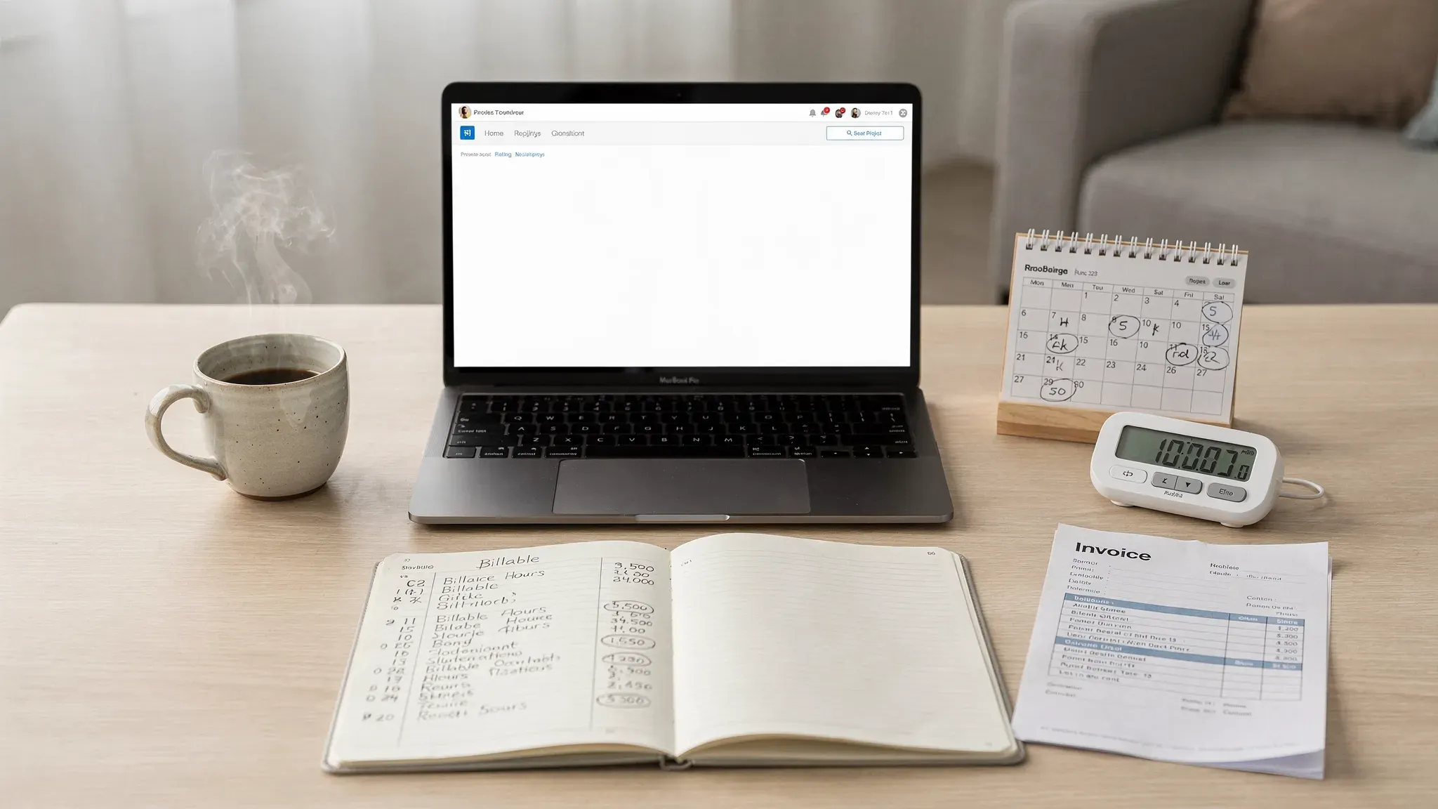 A freelancer workspace with a laptop, notebook showing billable hours, coffee, calendar, and a small desktop timer next to an invoice.