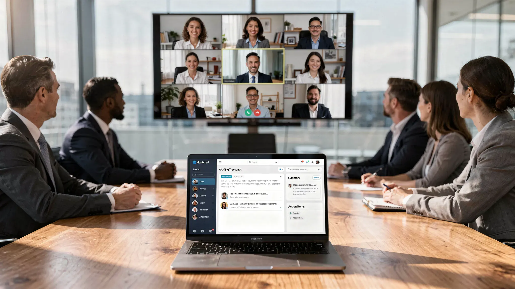 A modern hybrid meeting scene with a laptop on a conference table showing an AI meeting assistant interface (transcript, speakers, summary, and action items). Participants are in a conference room while remote attendees appear on a correctly oriented video call screen.