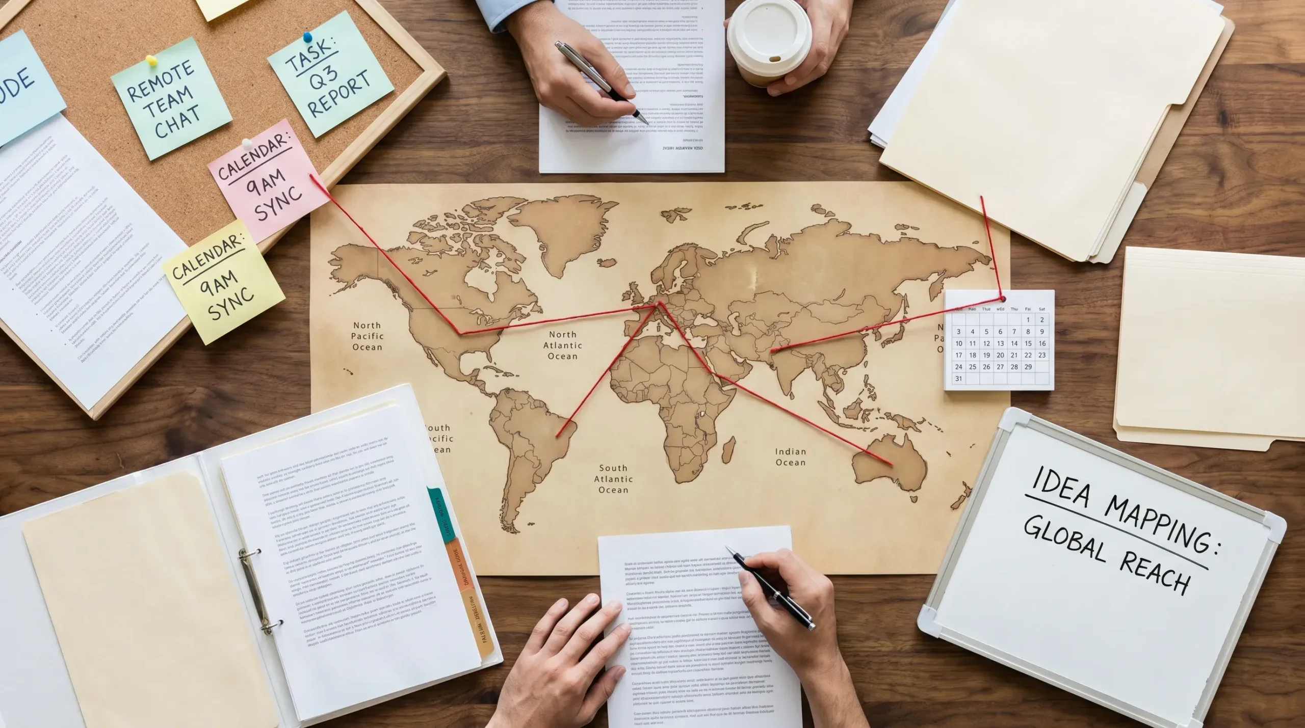 A remote collaboration workflow scene showing chat messages, task cards, shared documents, calendar blocks, file folders, and whiteboard notes connected around a simple world map, with no visible device screens.