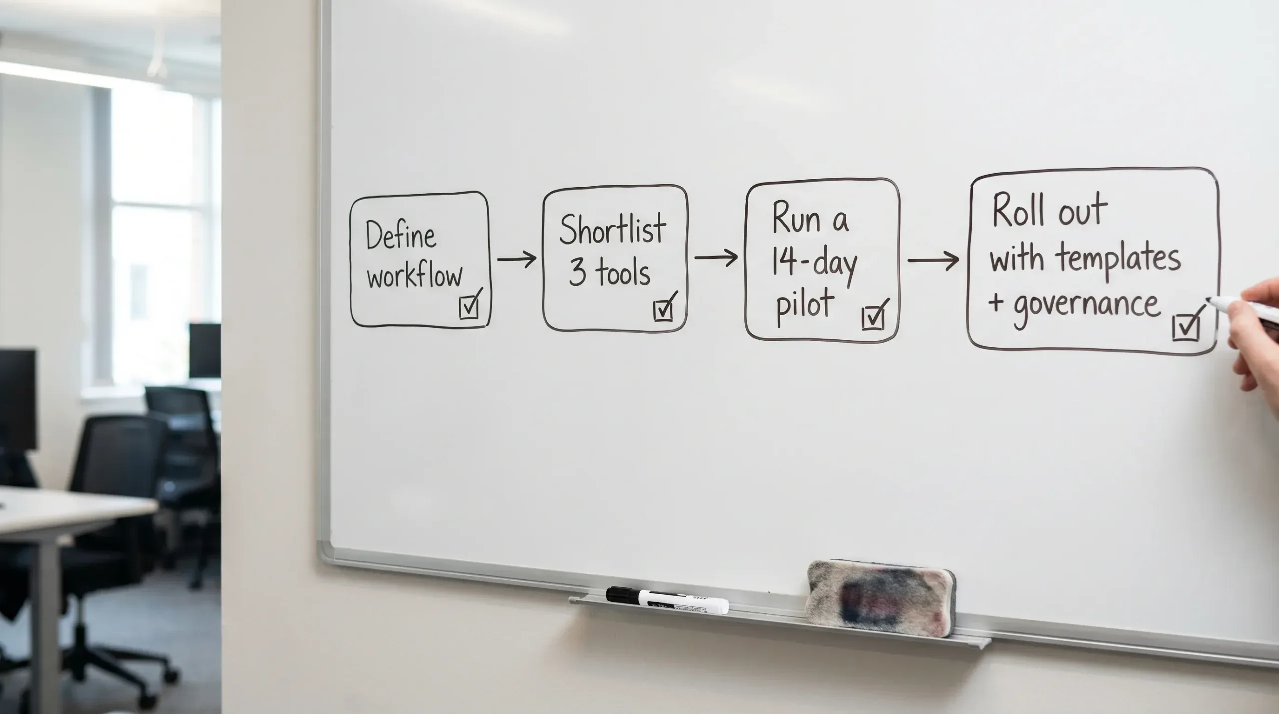 A simple decision flow diagram showing four boxes connected by arrows: “Define workflow,” “Shortlist 3 tools,” “Run a 14-day pilot,” and “Roll out with templates + governance,” with a small checklist icon beside each step.