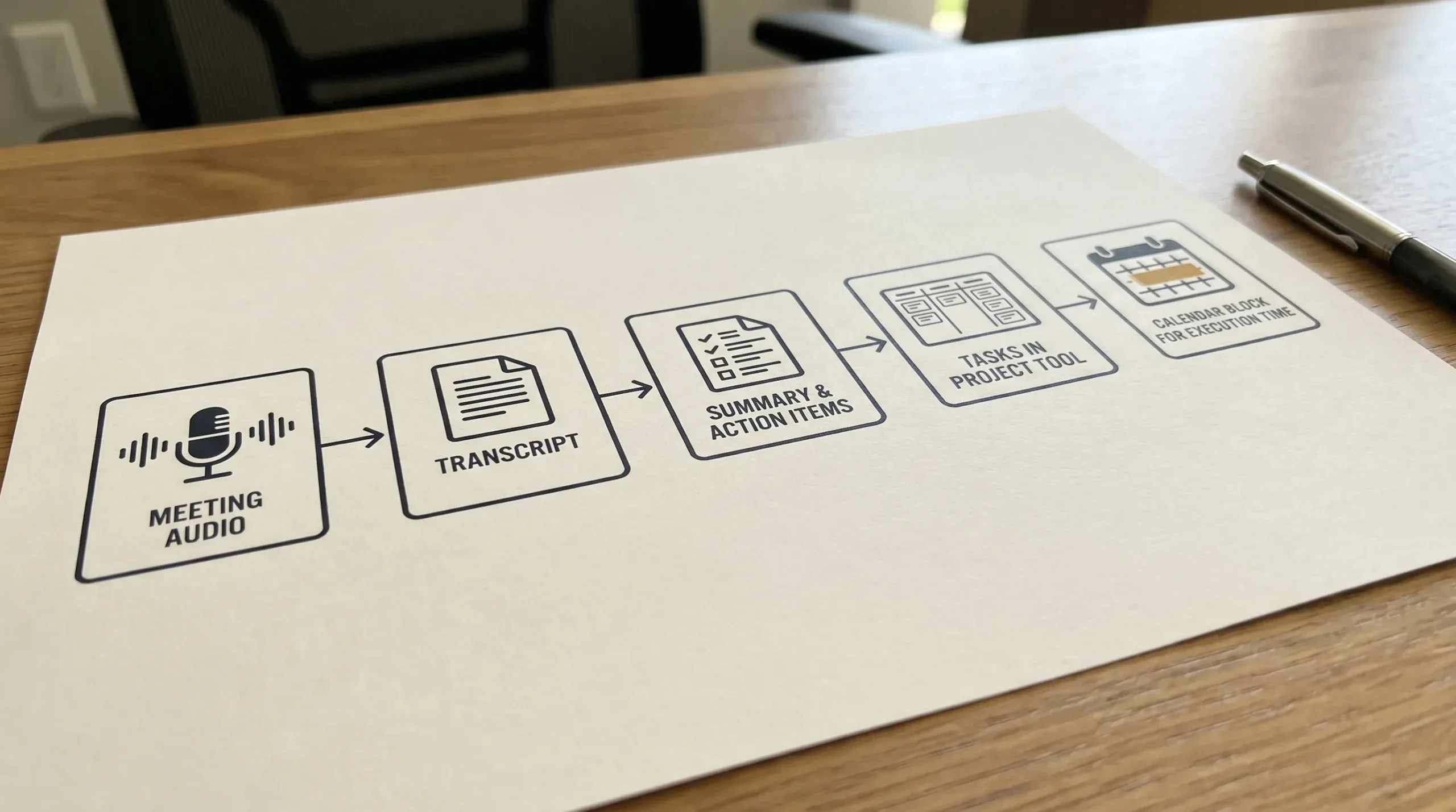 A simple workflow diagram showing meeting audio turning into transcript, then summary and action items, then tasks in a project tool, and finally a calendar block for execution time.