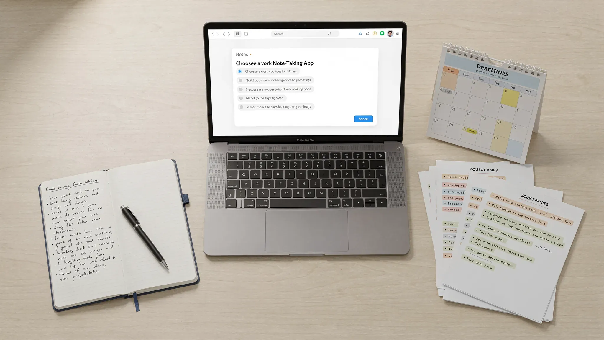 A clean digital workspace showing a laptop, notebook, calendar, and organized project notes for choosing a work note-taking app.