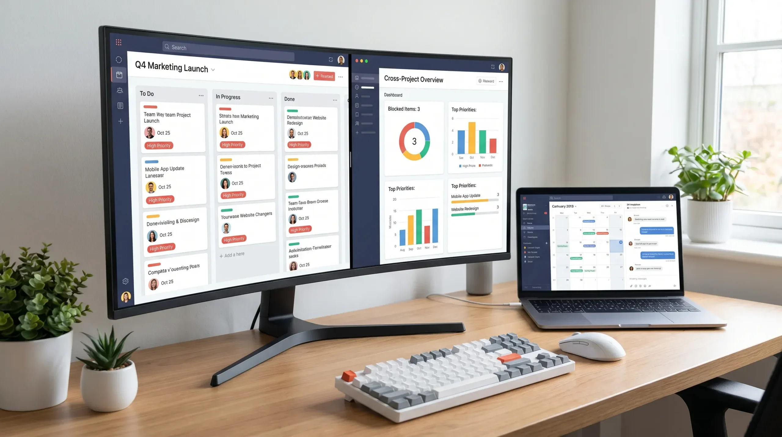 A clean digital workspace showing several project boards, task cards, deadlines, owners, and a cross-project dashboard that summarizes priorities and blocked work.