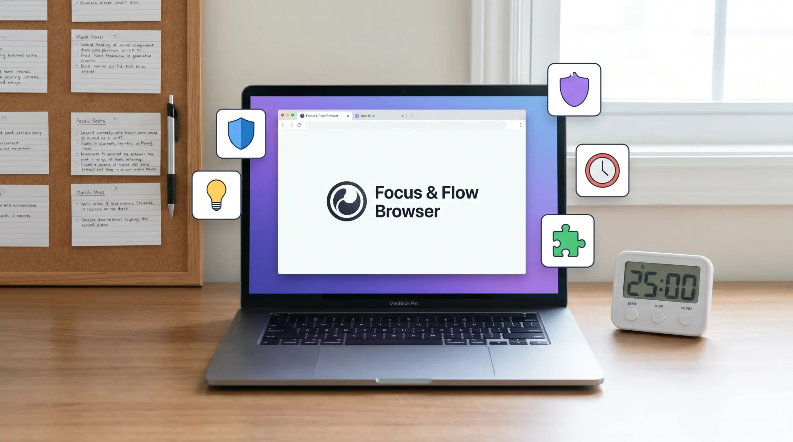 A clean digital workspace with a laptop showing a simple browser window facing the viewer, organized notes, a timer, and abstract browser extension icons around the screen.