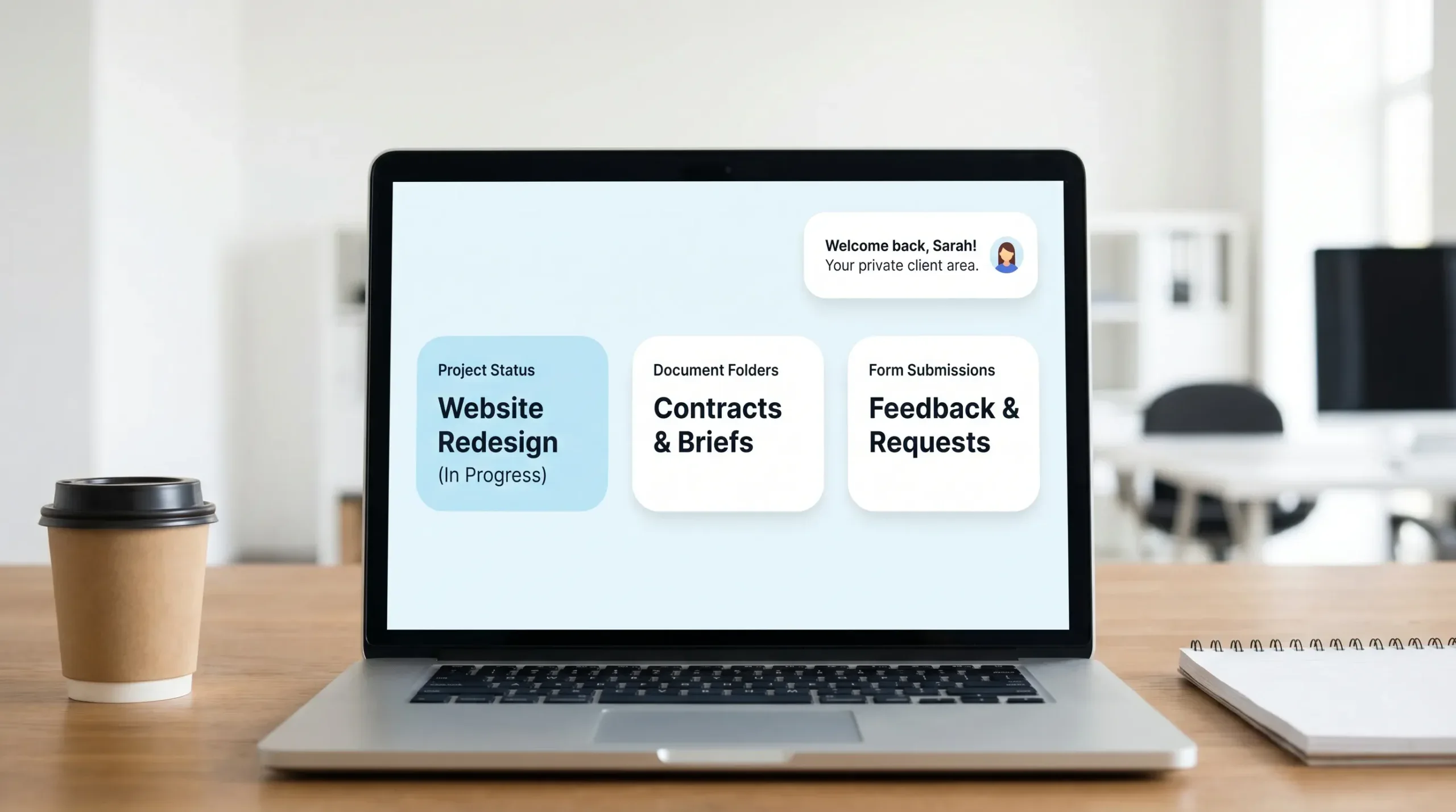 A clean no-code client portal dashboard showing project status cards, document folders, form submission buttons, and a private client welcome area.