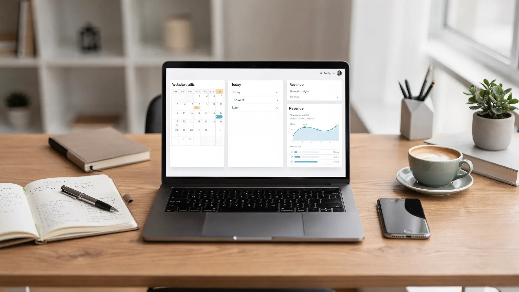 A clean solopreneur workspace with a laptop screen facing the viewer showing a simple calendar, task list, and analytics dashboard, alongside a notebook, phone, coffee cup, and organized desk items.