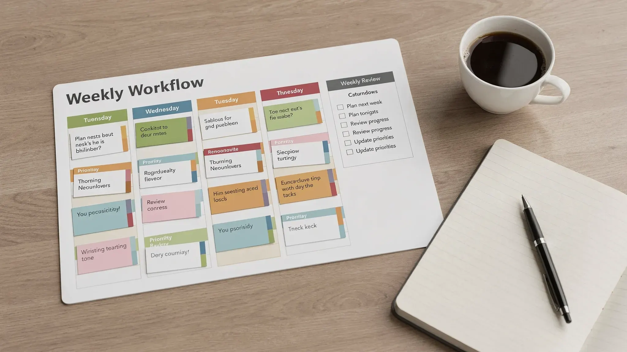 A clean weekly workflow board with calendar blocks, task cards, priority labels, and a small review checklist on a desk beside a notebook and coffee.