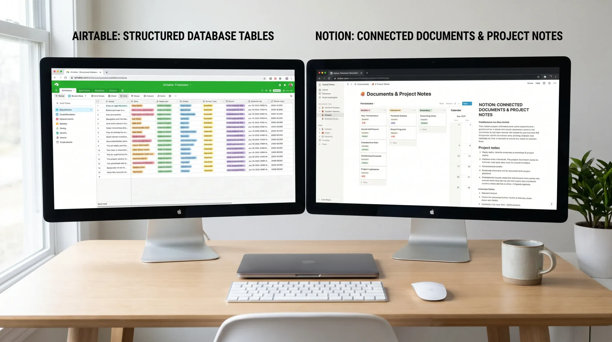 A clean workspace comparison showing Airtable as structured database tables and Notion as connected documents, dashboards, and project notes.