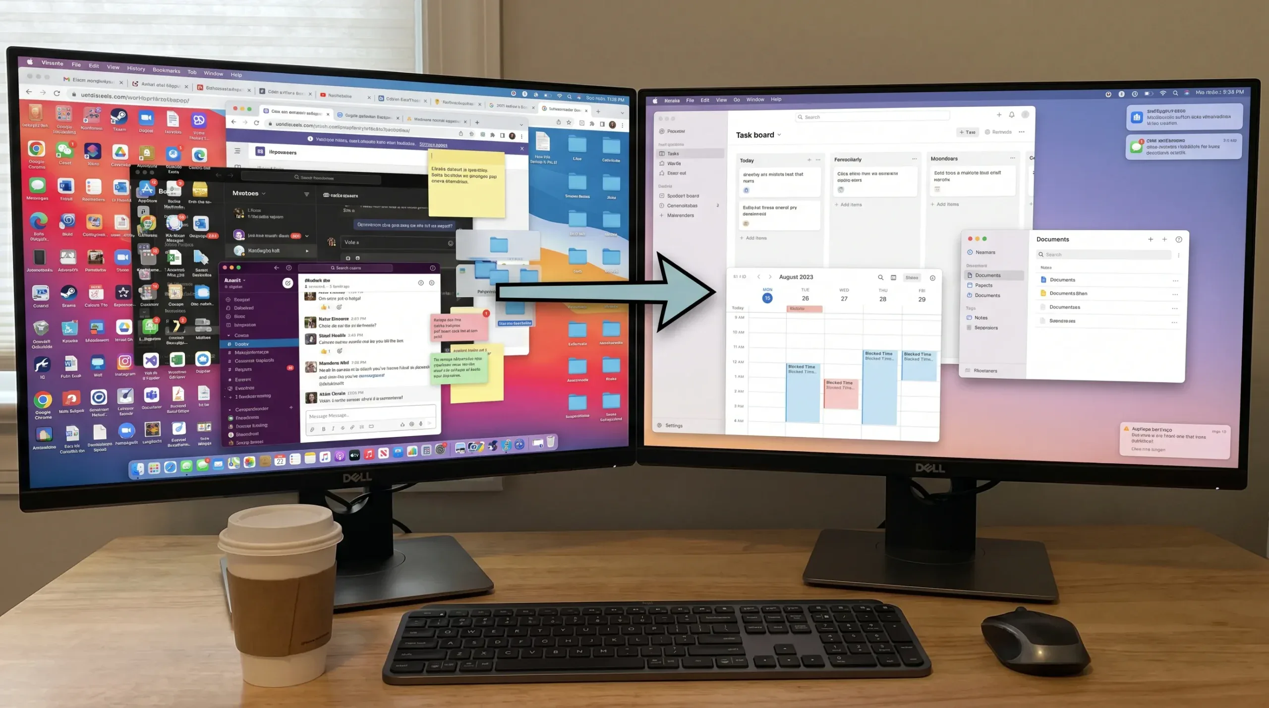 A cluttered digital workspace with many app icons, chat bubbles, browser tabs, task cards, calendar blocks, and file folders gradually narrowing into a simple workflow with one task board, one calendar, one document hub, and fewer notifications.