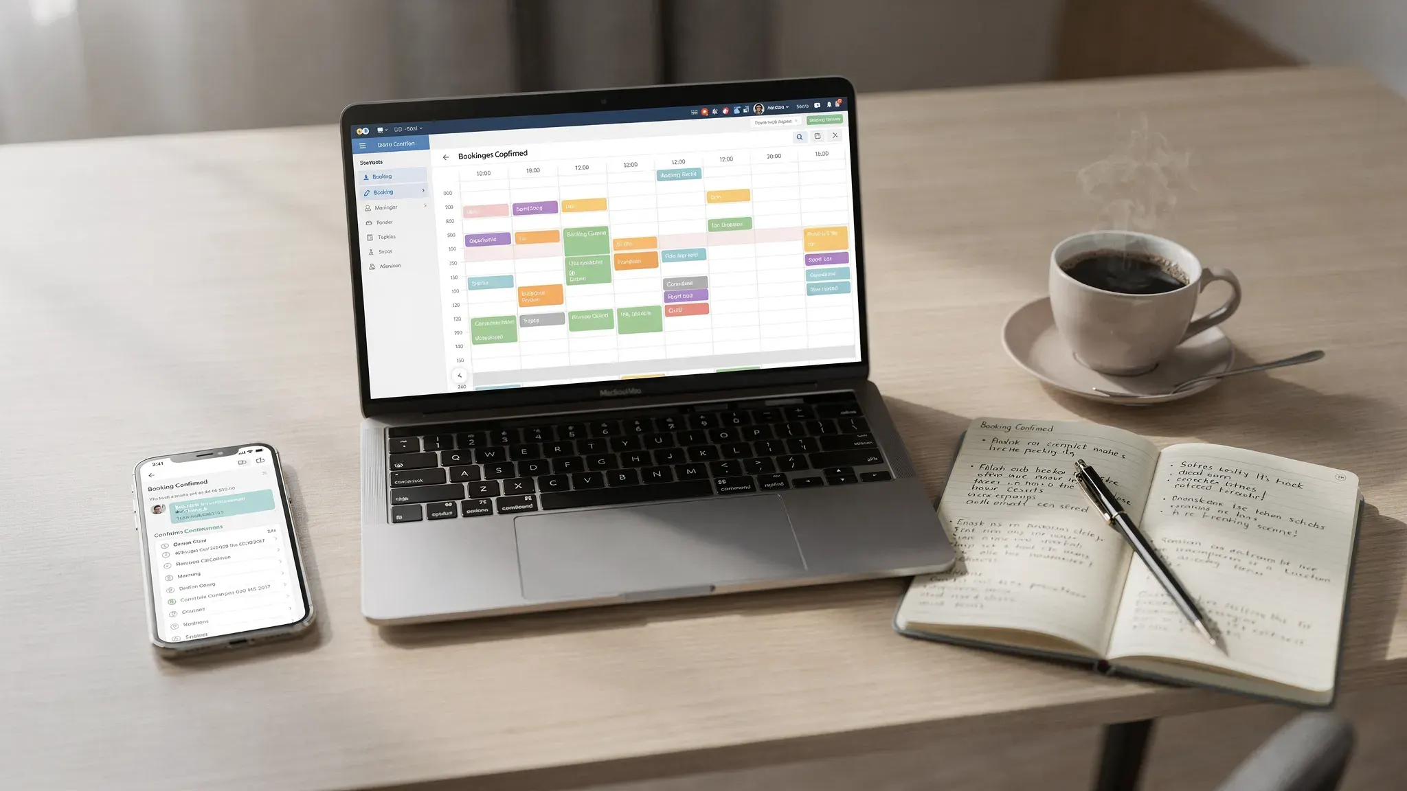 A consultant workspace with a laptop showing a clean scheduling calendar in the correct orientation, a phone with booking confirmations, a notebook with client session notes, and a cup of coffee on a tidy desk.