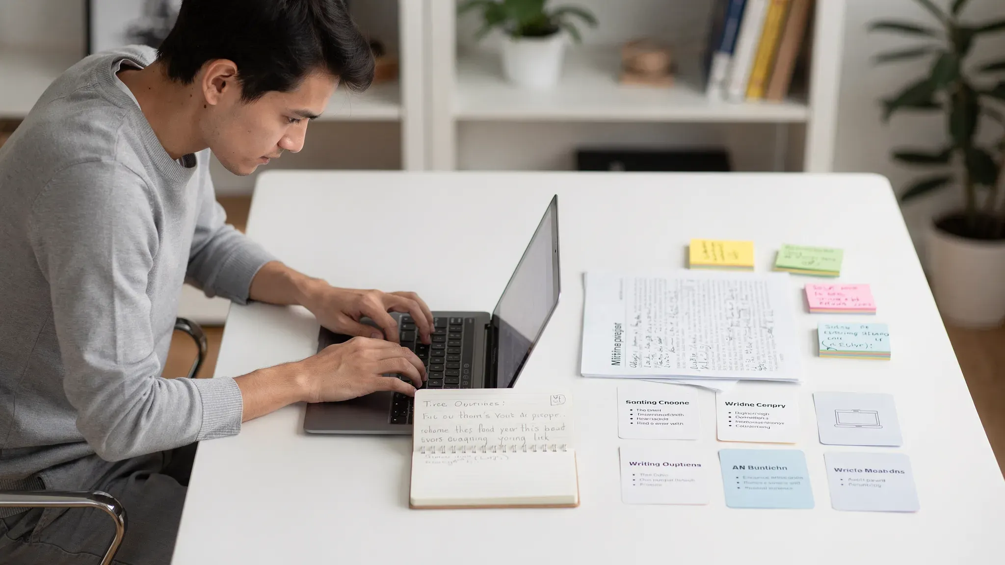 A focused content creator working at a clean desk with a laptop, notebook, article outline, sticky notes, and AI writing workflow cards arranged beside the keyboard.
