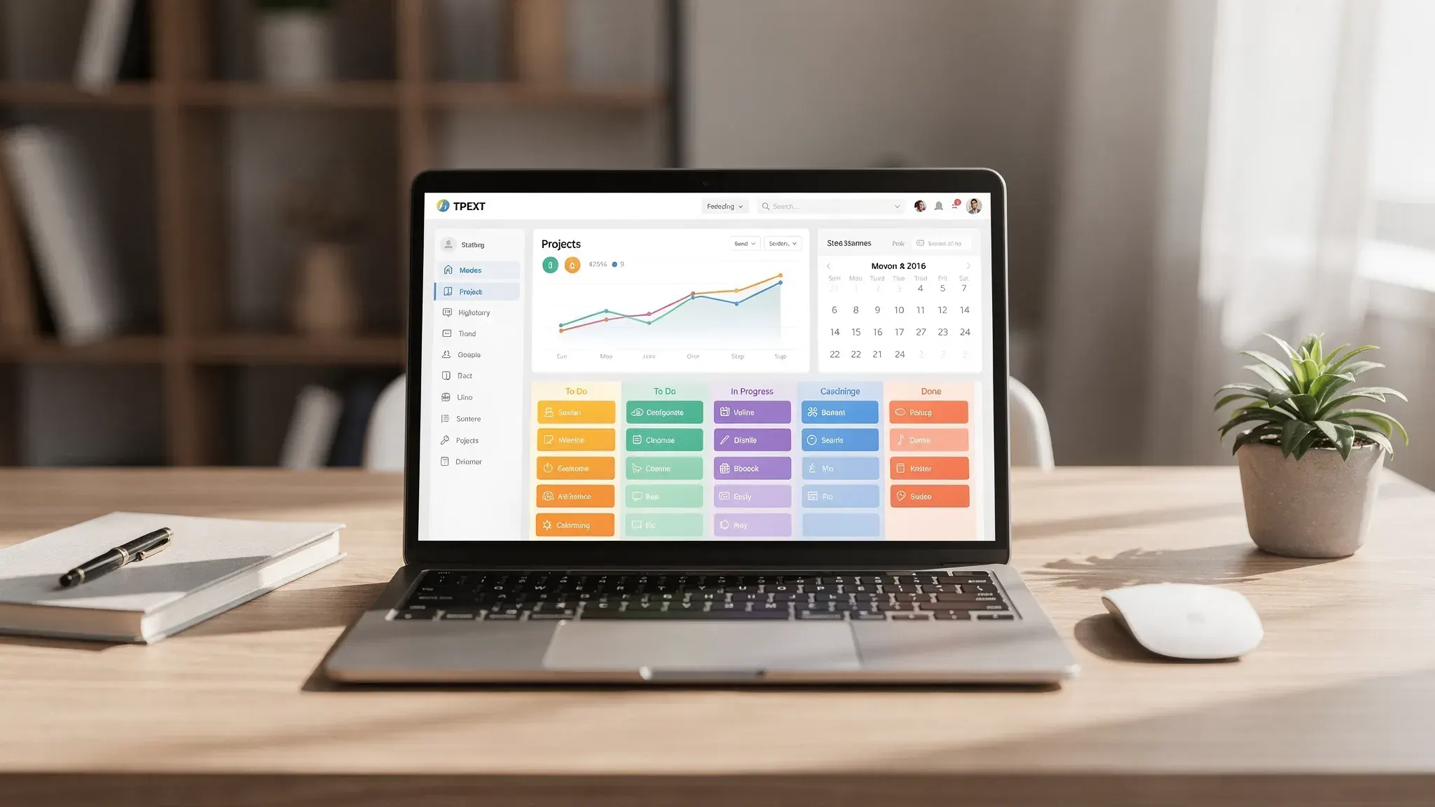 A front-facing laptop on an organized desk with its screen correctly oriented and clearly showing a clean project dashboard, calendar, cloud folders, and task board as part of a calm digital workspace.