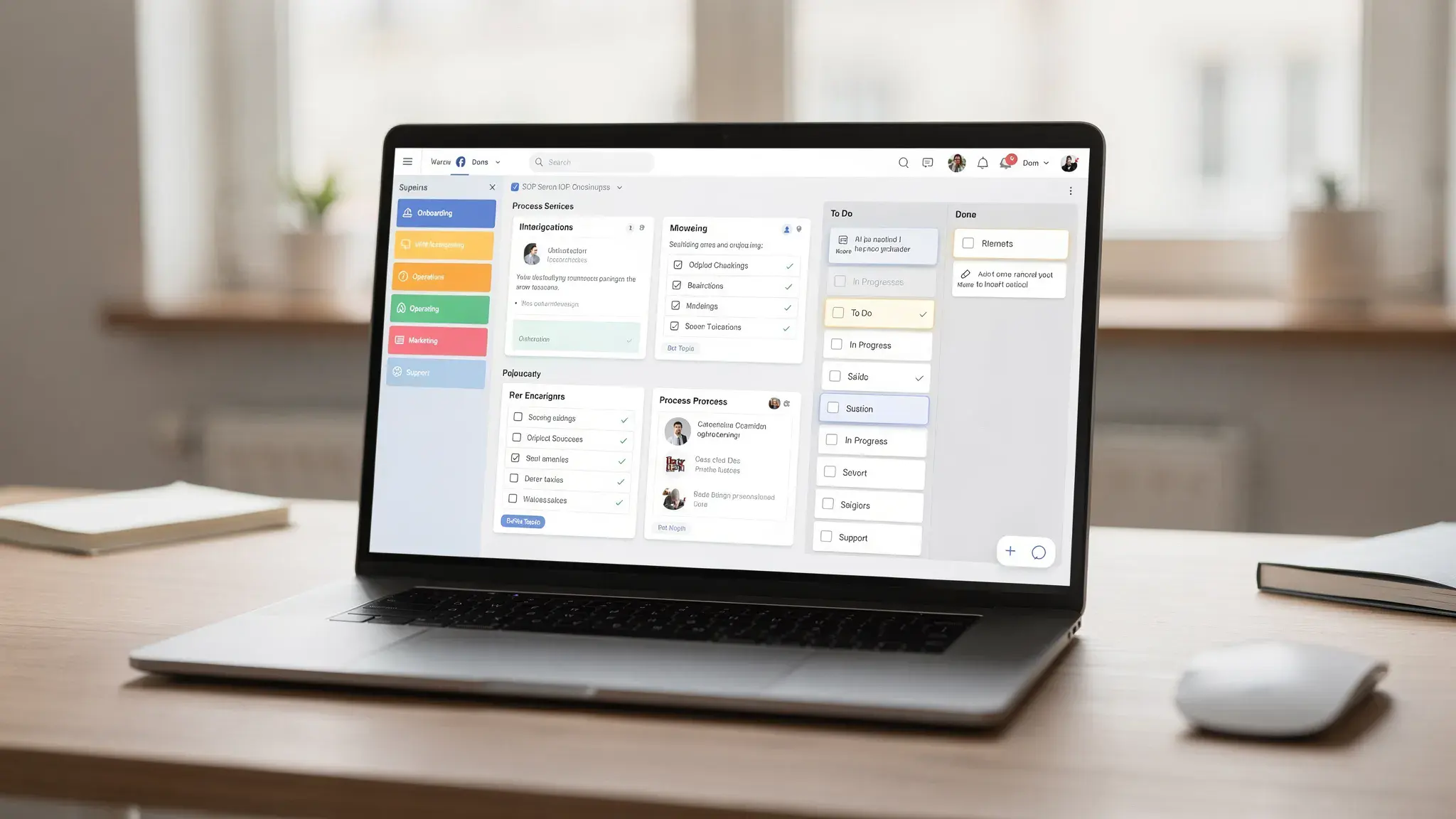 A laptop showing an organized digital SOP workspace with folders, checklists, process documents, and task cards for a remote team workflow.