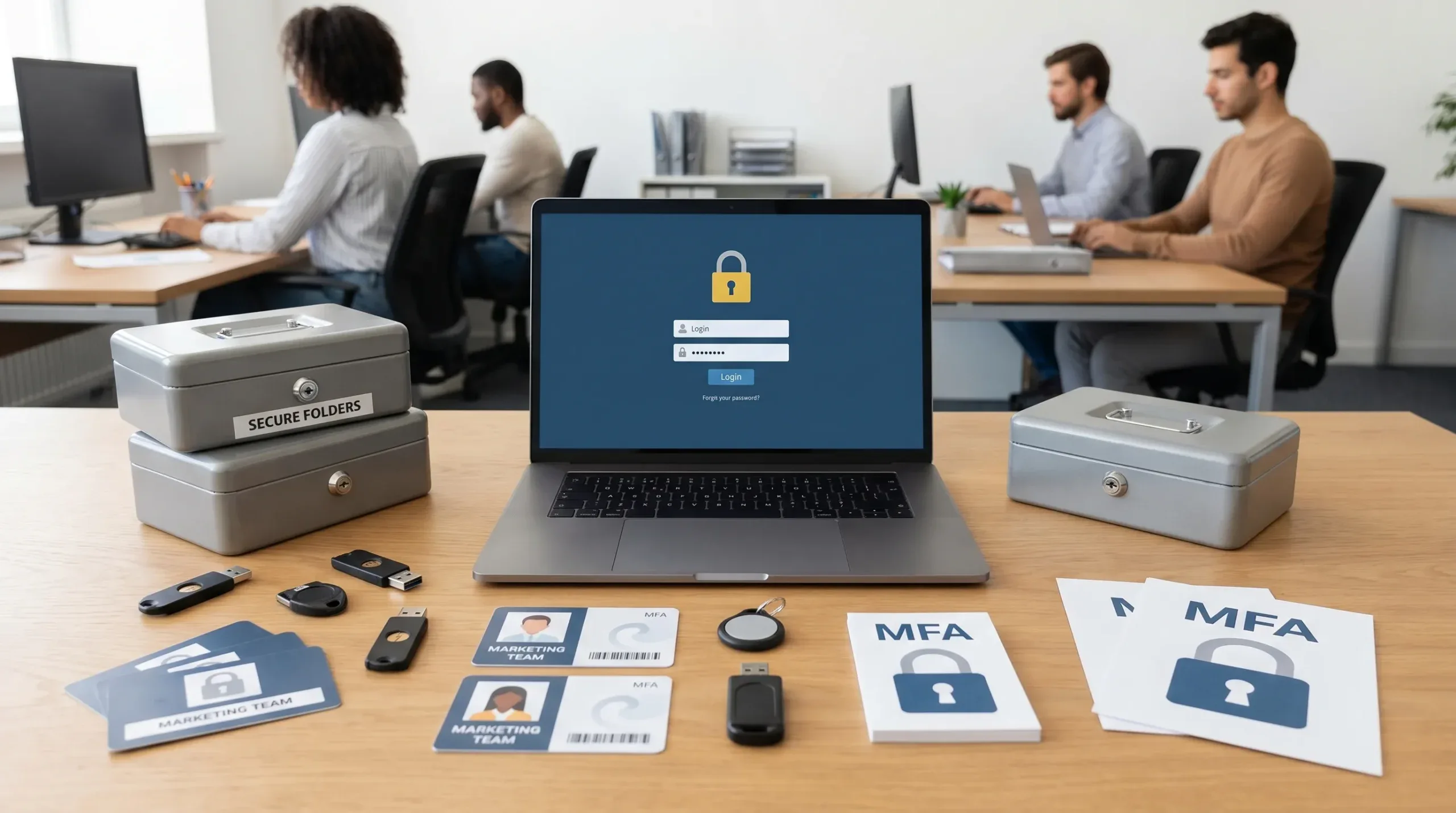 A secure shared password vault represented by locked folders, passkeys, team access cards, and multi-factor authentication symbols arranged around a small business workspace.
