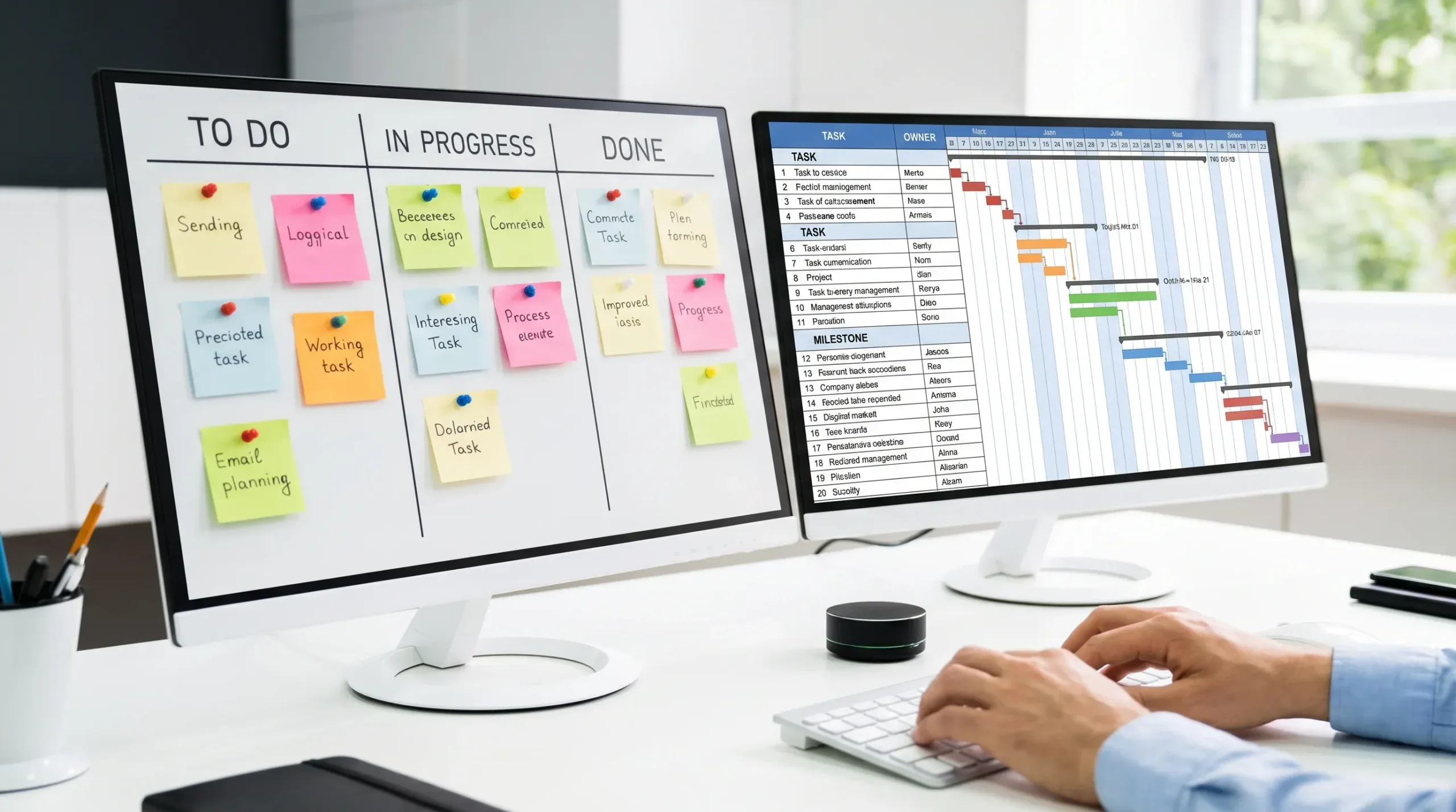 A side-by-side workspace showing a simple Kanban board with cards on one side and a structured project timeline with tasks, owners, and milestones on the other side.
