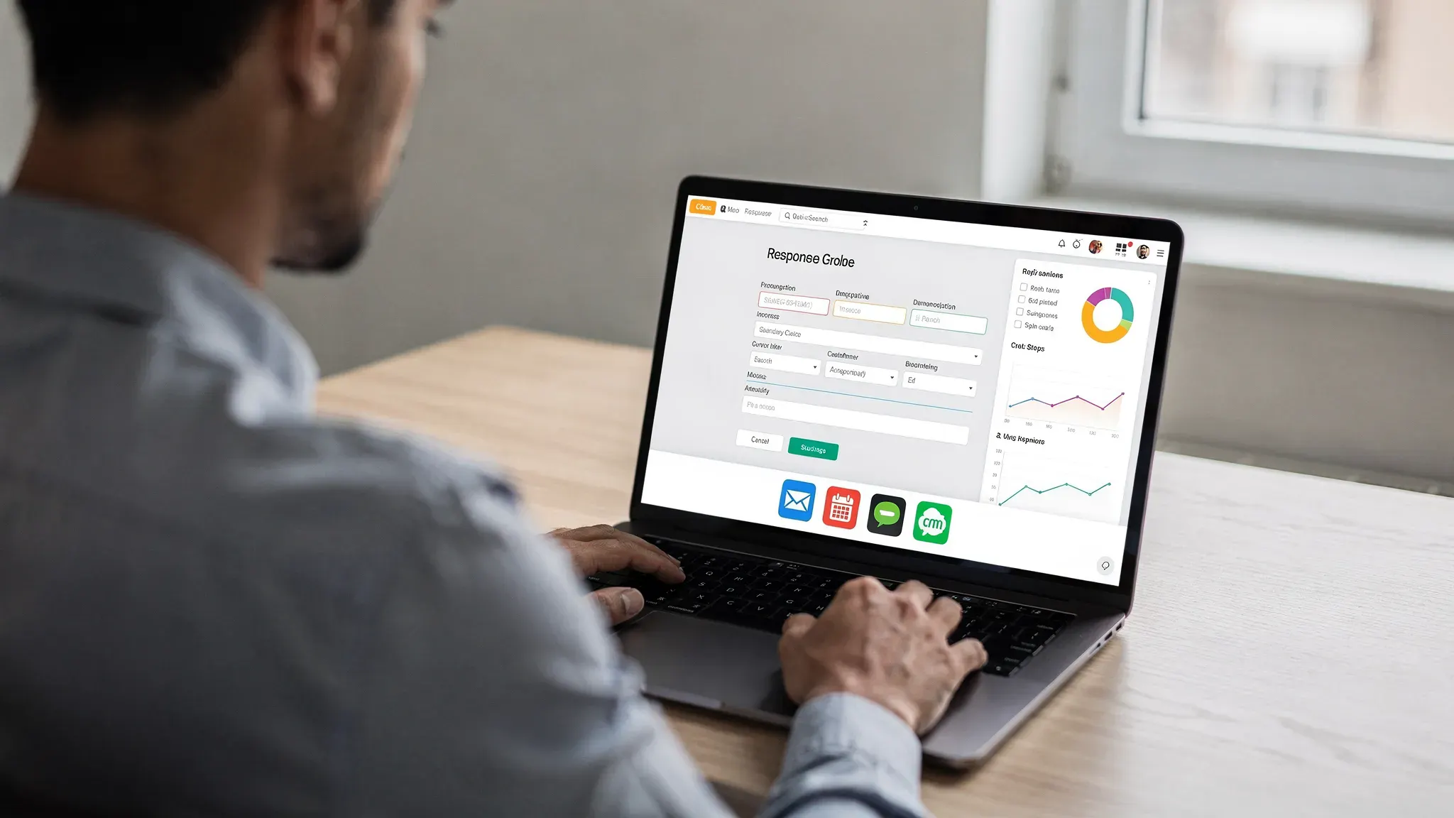 A small business owner reviewing a clean online form builder interface on a laptop, with form fields, response charts, and integration icons visible on a correctly oriented screen.