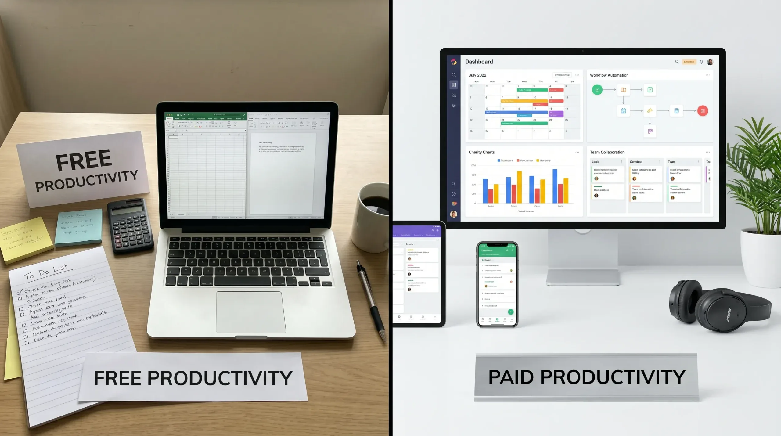 A split workspace comparing free and paid productivity tools, with simple task lists and notes on one side and organized calendars, automation flows, reports, and team collaboration boards on the other side.