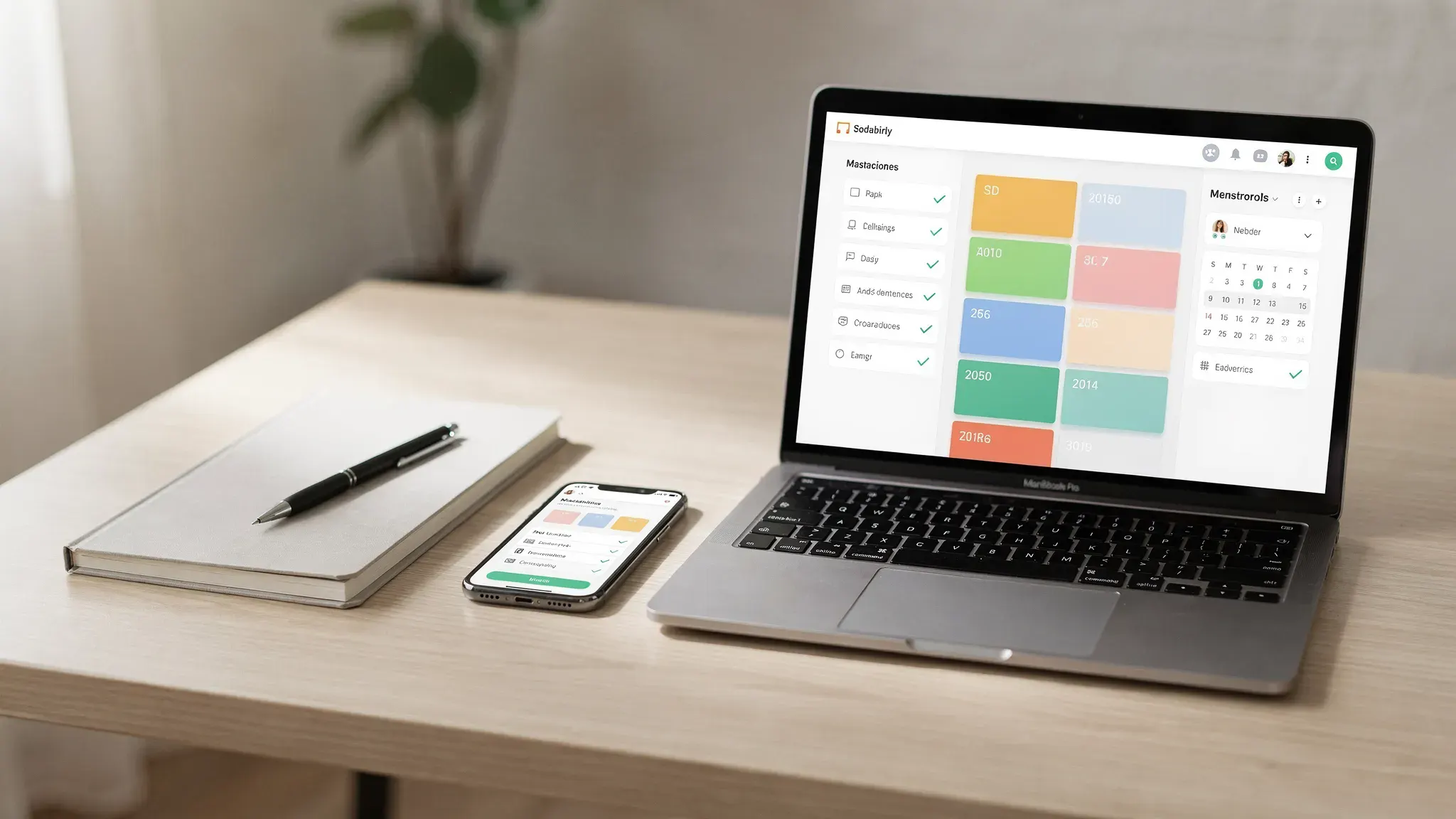 A tidy desk with a notebook, pen, smartphone, and laptop showing simple task lists on screens facing the viewer in the correct orientation, with calendar blocks and checkmarks visible.